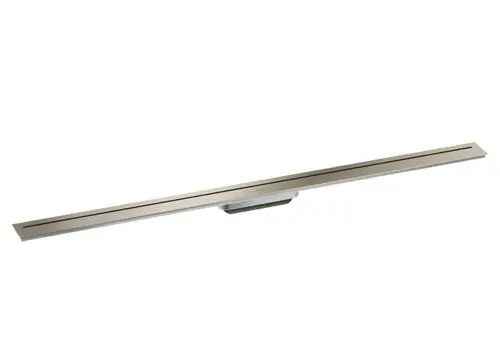 Duschrinne aus gebürstetem Nickel mit schlankem Design, Modell von AXOR, geeignet für die Installation in Badezimmern zur Wasserableitung.